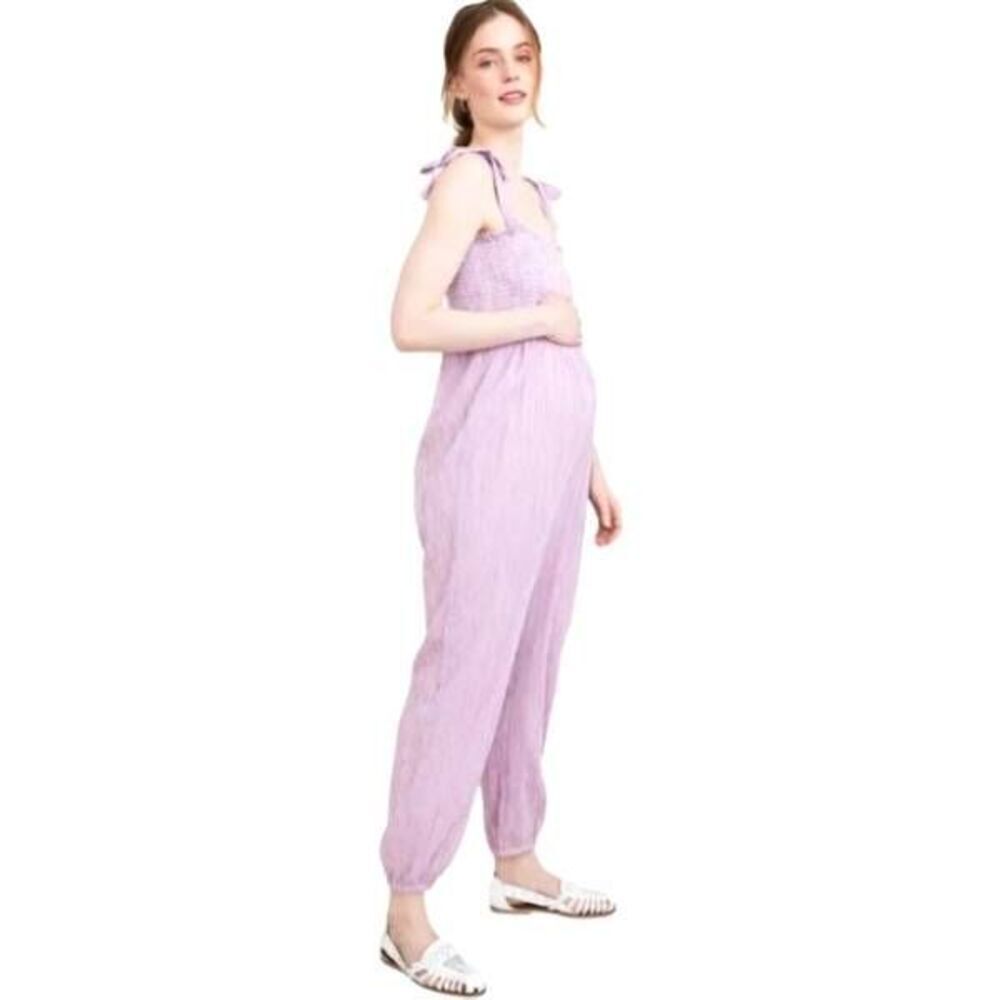 Hatch Lilac Tie-Shoulder Smocked Jumpsuit